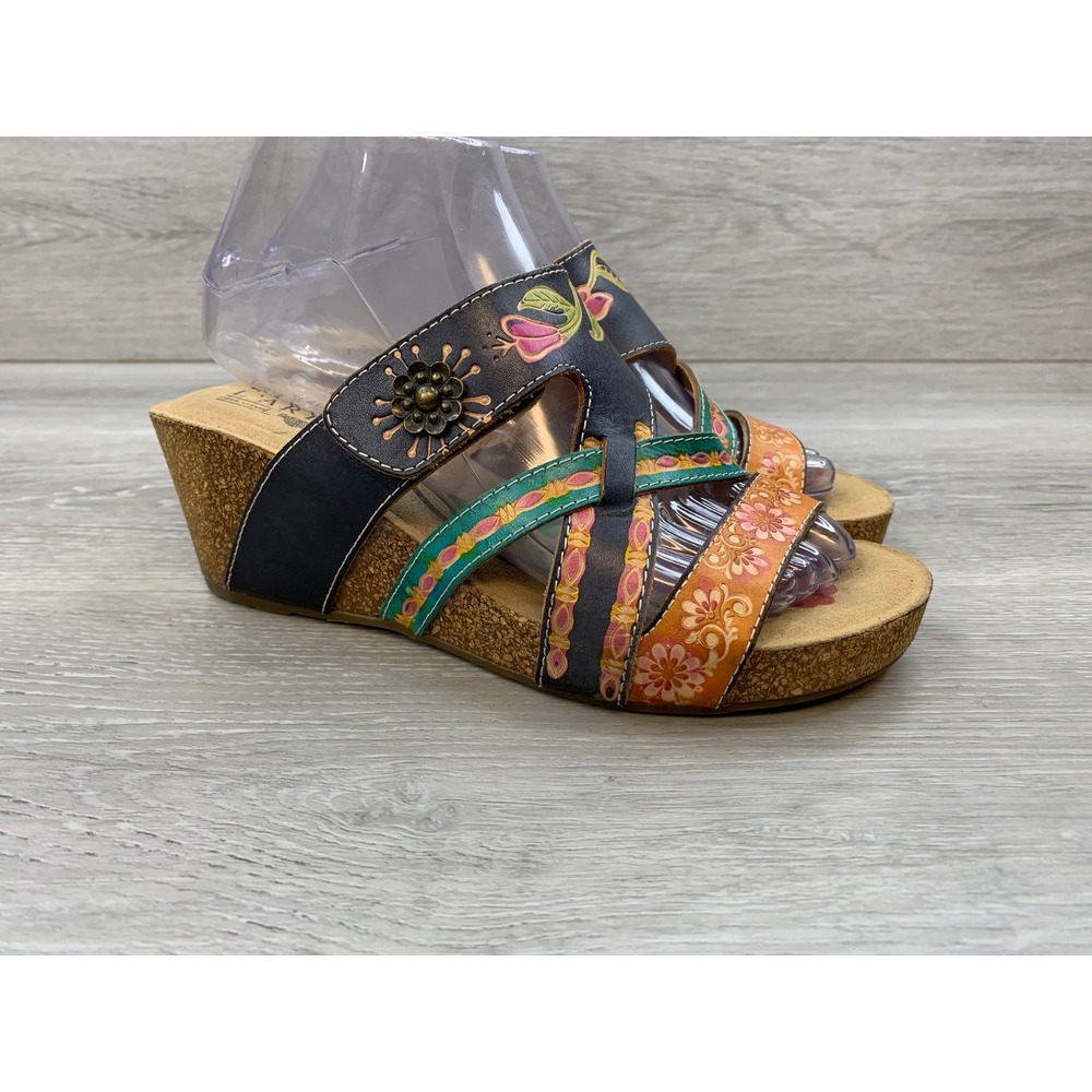 Spring Step L'Artiste Women's Sandals Navy Floral Leather 7 Wedge Slide Shoes